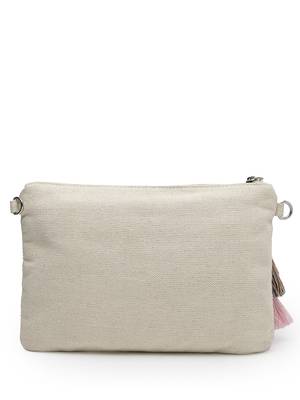 kooky natural & multi floral embellished handloom cotton canvas sling bag 5