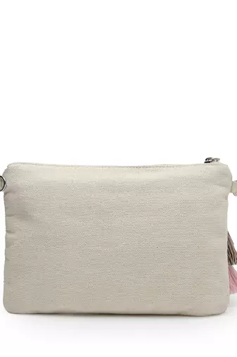 kooky natural & multi floral embellished handloom cotton canvas sling bag