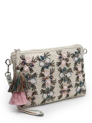 kooky natural & multi floral embellished handloom cotton canvas sling bag 6
