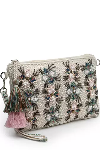 kooky natural & multi floral embellished handloom cotton canvas sling bag