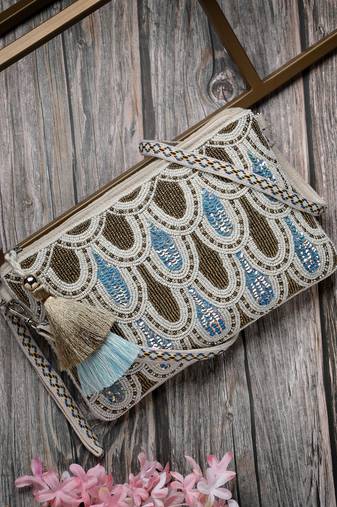 kooky natural, copper & multi embellished handloom cotton sling bag