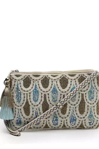 kooky natural, copper & multi embellished handloom cotton sling bag