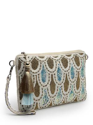 kooky natural, copper & multi embellished handloom cotton sling bag 6