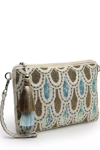 kooky natural, copper & multi embellished handloom cotton sling bag