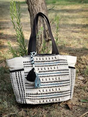 boho natural & black striped cotton jacquard tote bag 1