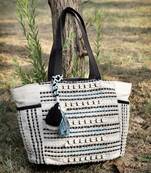 boho natural & black striped cotton jacquard tote bag