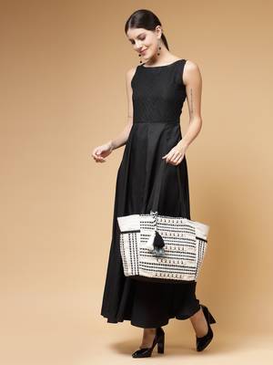 boho natural & black striped cotton jacquard tote bag 3