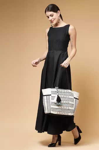 boho natural & black striped cotton jacquard tote bag