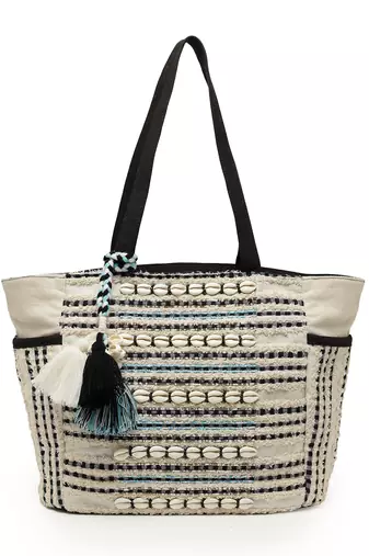 boho natural & black striped cotton jacquard tote bag