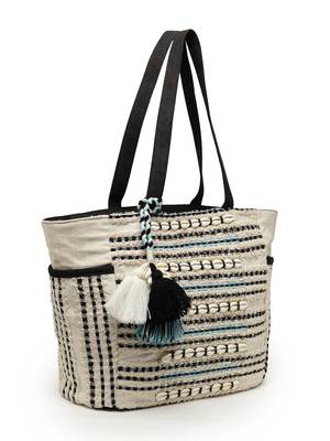 boho natural & black striped cotton jacquard tote bag 6