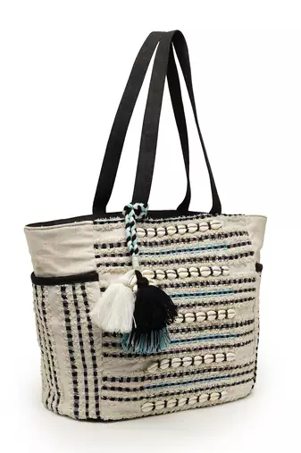 boho natural & black striped cotton jacquard tote bag