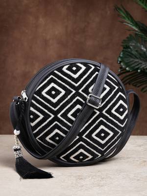 boho black & off white diamond cotton jacquard sling bag 1