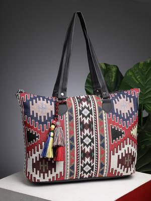 tribal multi & black ikat cotton jacquard tote bag 1