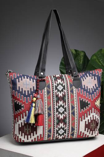 tribal multi & black ikat cotton jacquard tote bag