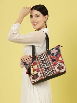 tribal multi & black ikat cotton jacquard tote bag 3