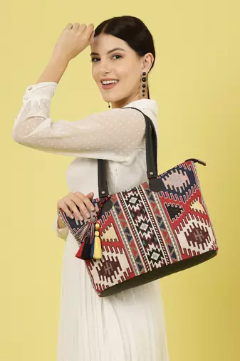 tribal multi & black ikat cotton jacquard tote bag