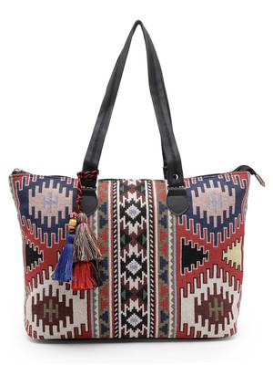 tribal multi & black ikat cotton jacquard tote bag 4