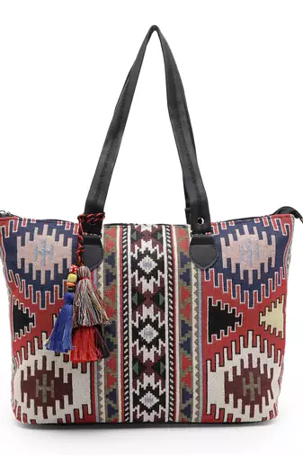 tribal multi & black ikat cotton jacquard tote bag