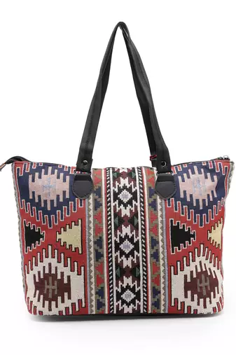 tribal multi & black ikat cotton jacquard tote bag