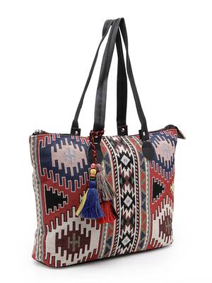 tribal multi & black ikat cotton jacquard tote bag 6