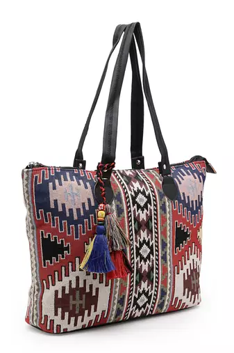 tribal multi & black ikat cotton jacquard tote bag