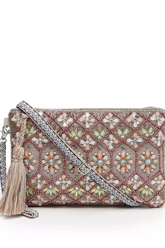 kooky silver & multi geometric embellished polycotton sling bag