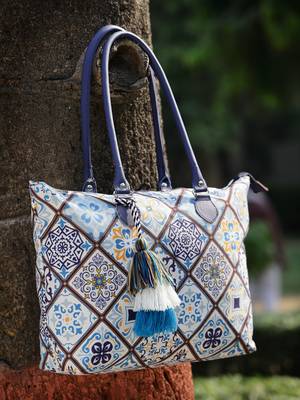 geomat white, blue & multicolor ethnic printed polycotton shoulder bag 1