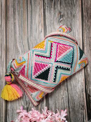 boho fluorescent pink & multi ethnic cotton jacquard sling bag 1