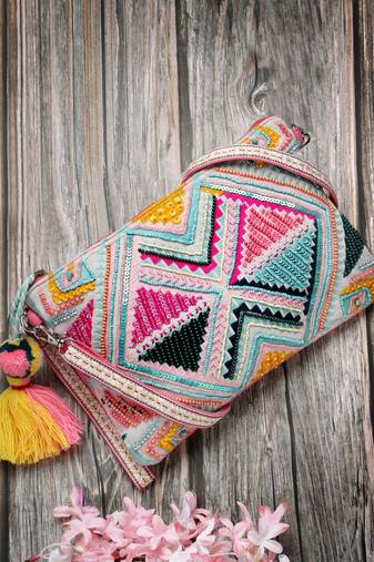 boho fluorescent pink & multi ethnic cotton jacquard sling bag