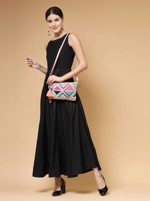 boho fluorescent pink & multi ethnic cotton jacquard sling bag 3