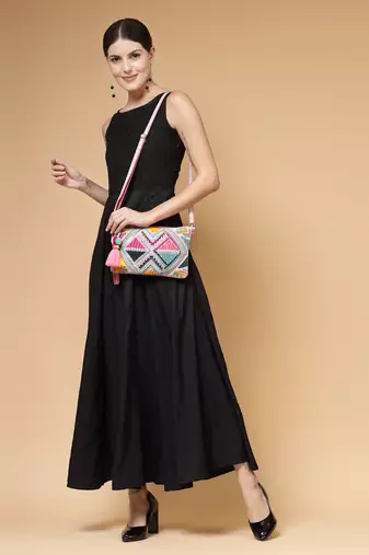 boho fluorescent pink & multi ethnic cotton jacquard sling bag