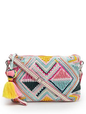 boho fluorescent pink & multi ethnic cotton jacquard sling bag 4