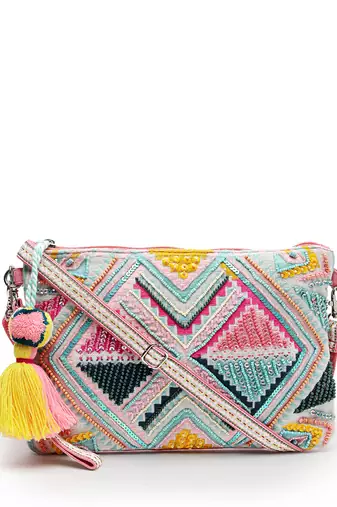 boho fluorescent pink & multi ethnic cotton jacquard sling bag