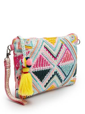 boho fluorescent pink & multi ethnic cotton jacquard sling bag 6