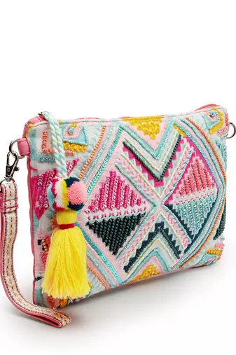 boho fluorescent pink & multi ethnic cotton jacquard sling bag