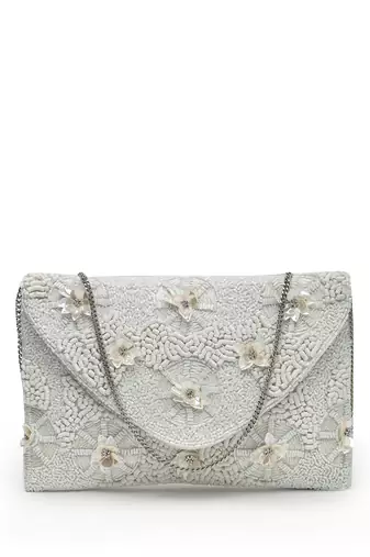 boho white floral embellished cotton canvas sling bag