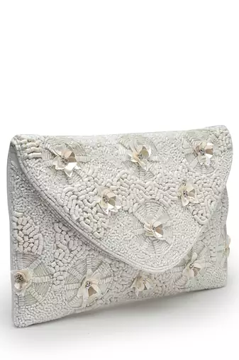 boho white floral embellished cotton canvas sling bag