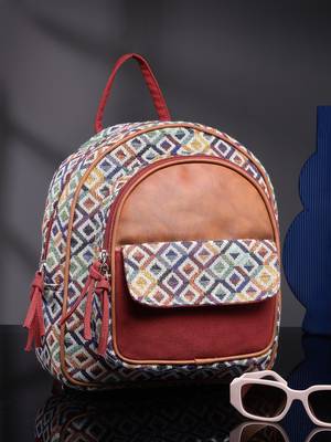 tribal tan & multi diamond jacquard cotton & vegan leather backpack 1