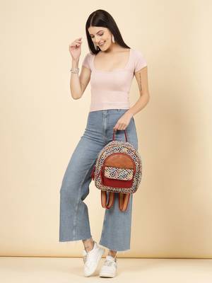 tribal tan & multi diamond jacquard cotton & vegan leather backpack 3