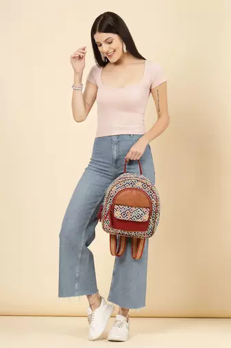 tribal tan & multi diamond jacquard cotton & vegan leather backpack