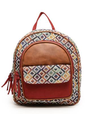 tribal tan & multi diamond jacquard cotton & vegan leather backpack 4