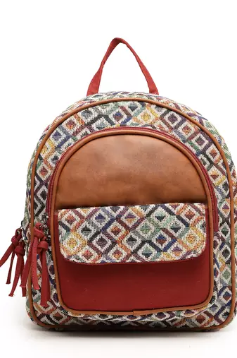 tribal tan & multi diamond jacquard cotton & vegan leather backpack