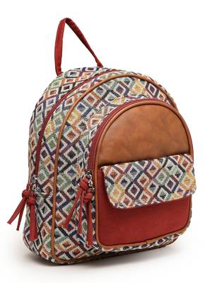 tribal tan & multi diamond jacquard cotton & vegan leather backpack 6