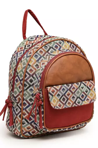 tribal tan & multi diamond jacquard cotton & vegan leather backpack
