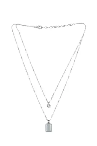   rhodium-plated shaped cz studded layered chain necklace