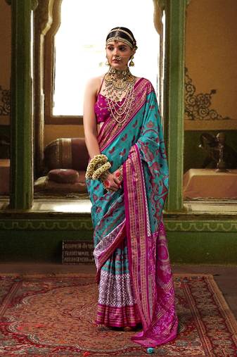 Silk Blend Patola Print Aqua Blue Designer Saree