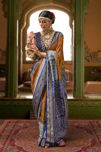 Silk Blend Patola Print Mustard Saree
