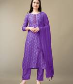Vedant vastram women's rayon embroidered stitched salwar kameez dupatta set (1131 purple)