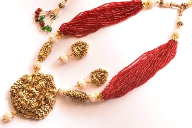 Temple Jewellery with pearl & semi-precious stone Grand gold plated Necklace Set