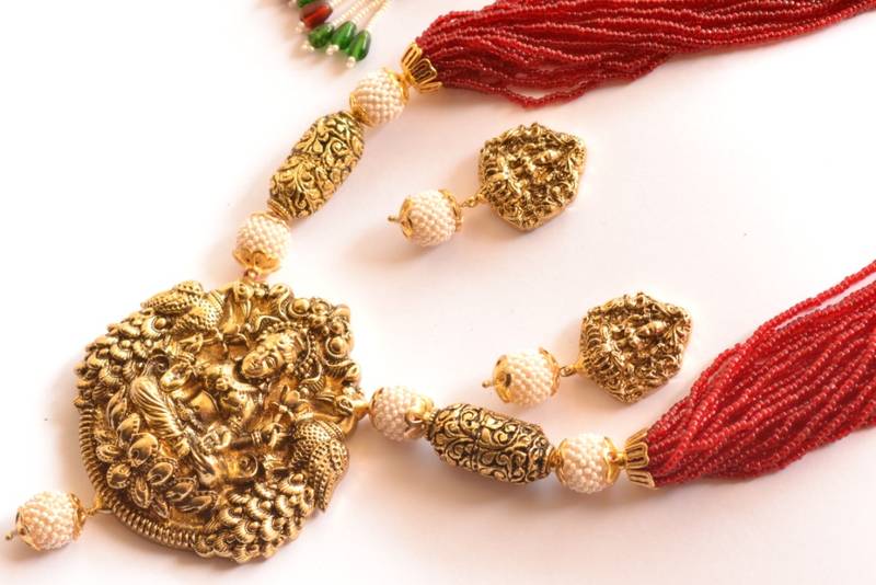 Temple Jewellery with pearl & semi-precious stone Grand gold plated Necklace Set